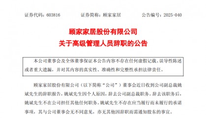 顾家家居：副总裁姚斌辞职