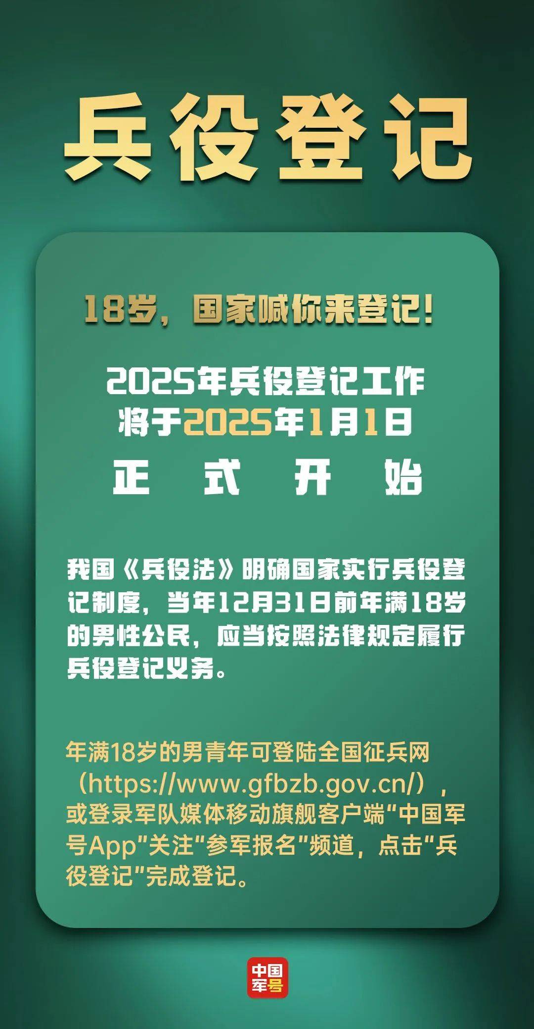 2025年1月1日全面开始！适龄男子都要登记